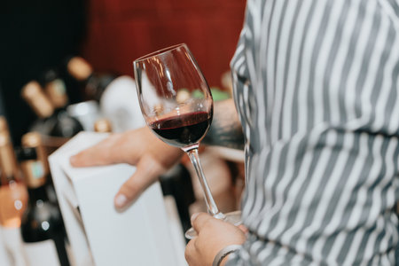 Glass of red wine held by a person at a premium wine tasting with friends and wine lovers.の写真素材