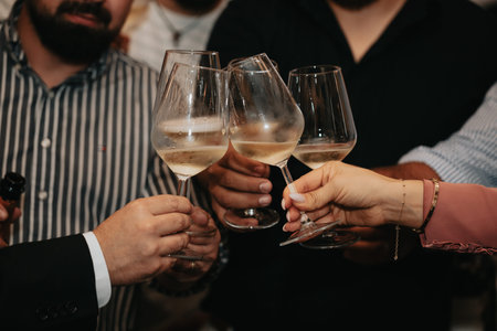 Cheers, we celebrate friendship with a glass of wine white, rose and champagne with friends and...