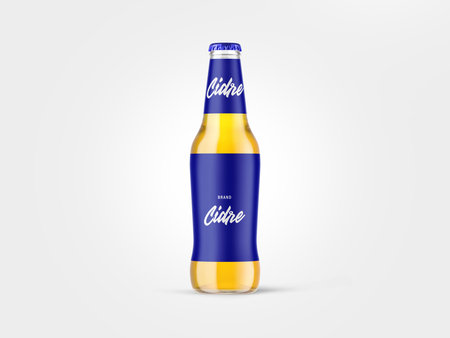 Beer bottle with blue and yellow colors,  isolated on white background.の写真素材