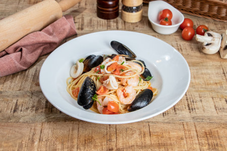 Spaghetti with mussels, shrimp, squid and tomatoes on wooden tableの写真素材