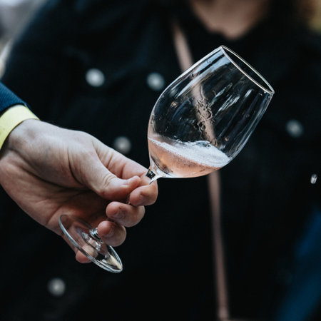 Close up of a man's hand holding a glass of champagne.