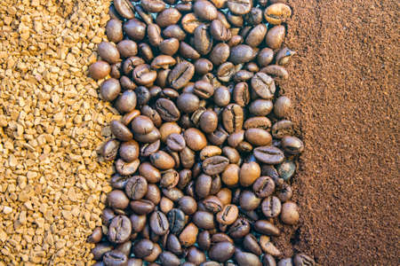 background of three kinds of coffee, ground, beans and instantの写真素材
