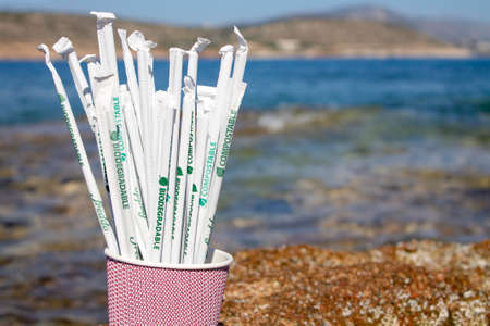 Paper drinking straws in paper cup on rocks with sea background, environmental-friendly strawsのeditorial素材