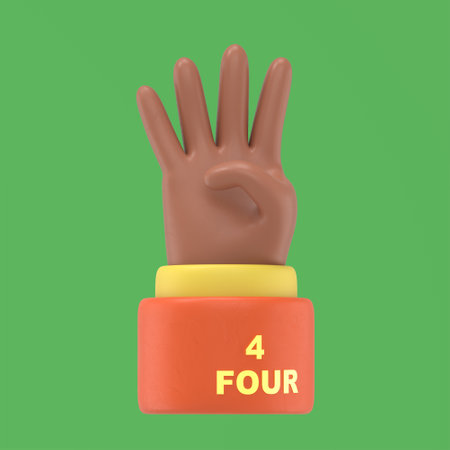 3d render of hand showing number four on a green background.の写真素材