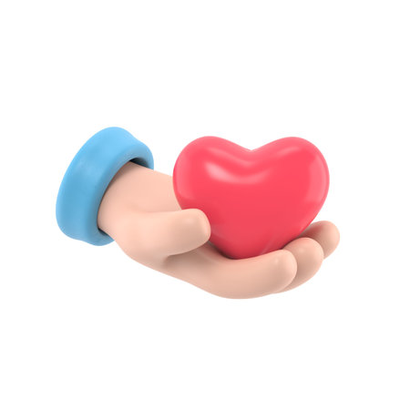 Cartoon Gesture Icon Mockup.3d icon red heart in hand.Realistic illustration of donation, love or...