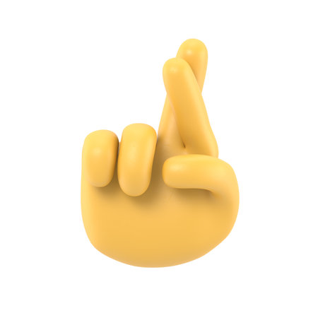 Cartoon Gesture Icon Mockup.3d hand cross fingers gesture. realistic businessman palm gesture emoji, 3D rendering on white background.の写真素材