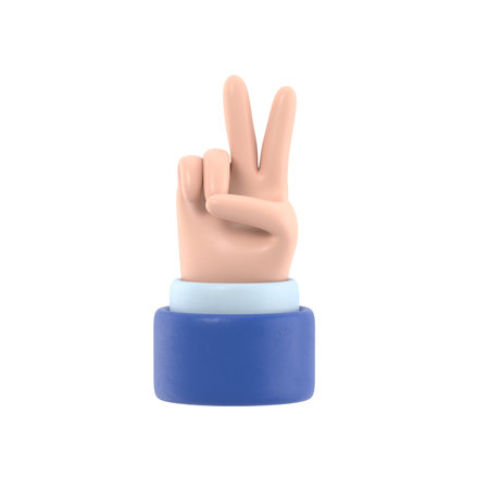 Cartoon Gesture Icon Mockup. Two fingers social icon. Cartoon character hand victory gesture. 3D...
