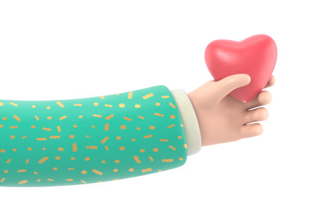 Cute cartoon hand with heart isolated on white background. 3d rendering.の写真素材
