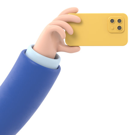 Hand holding smartphone. 3d render illustration isolated on white background.の写真素材
