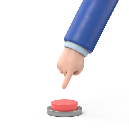Cartoon Gesture Icon Mockup.The red stop button hand presses pop art retro style. Stop process business concept.3D rendering on white background.の写真素材