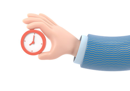 Hand with clock isolated on white background. 3d render illustration.