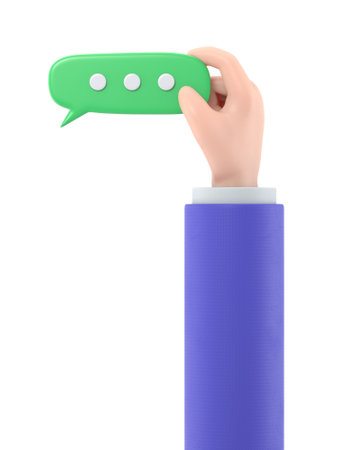 3d rendering of hand holding a speech bubble. Isolated white background.の写真素材