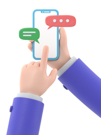 3d render of hand holding smart phone with speech bubbles. Communication conceptの写真素材