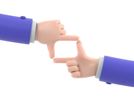 Cartoon Gesture Icon Mockup.Hand frame.Two hands making gesture border frame. Space for the image, object, text. Showing photo.3D rendering on white background.の写真素材