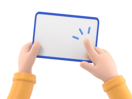 3d render of cartoon hands holding a tablet PC with white screenの写真素材