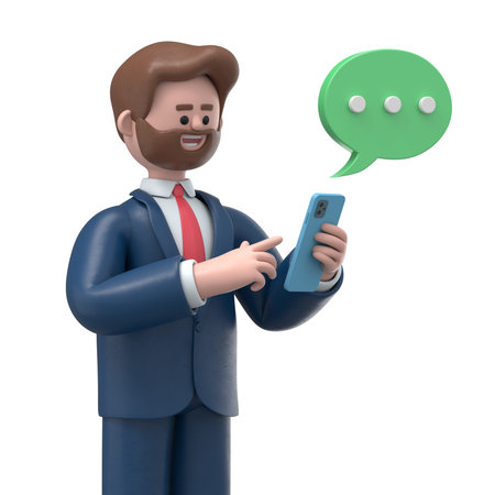 3D illustration of a smiling businessman Bob chatting on the smartphone and speech bubble. Portraits...