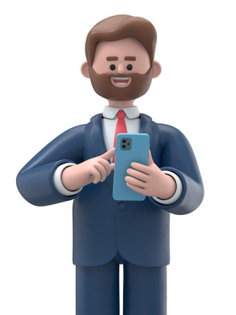 3D illustration of a smiling businessman Bob looking at smartphone and chatting. Portraits of cartoon characters talking and typing on the phone. Communication in social networking, mobile connection. 3D rendering on white background.の写真素材