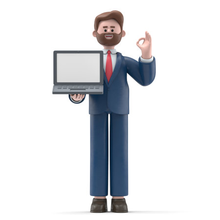 3D illustration of a smiling businessman Bob with ok gesture showing business charts at screen laptop computer. Portraits of cartoon characters with okay sign, working in office and analyzing infographic, 3D rendering on white background.の写真素材