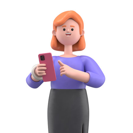 3D illustration of a smiling businesswoman Ellen looking at smartphone and chatting. Portraits of cartoon characters talking and typing on the phone. Communication in social networking, mobile connection. 3D rendering on white background.の写真素材