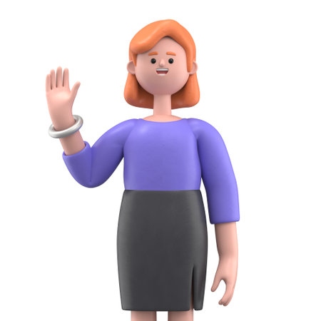 3D illustration of a thinking businesswoman Ellen with big question mark in speech bubble. Portraits of cartoon characters solving problems, feeling doubt or hesitation. Searching and finding a solution concept. 3D rendering on white background.の写真素材