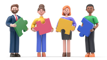 3D illustration of people connecting together puzzle elements. Business teamwork and collaboration, partnership, cooperation concept. Multicultural team, unity in diversity. 3D rendering on white background.の写真素材