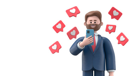3D illustration of smiling businessman Bob holding smartphone with like notifications flying around over white background. 3D rendering on white background.の写真素材