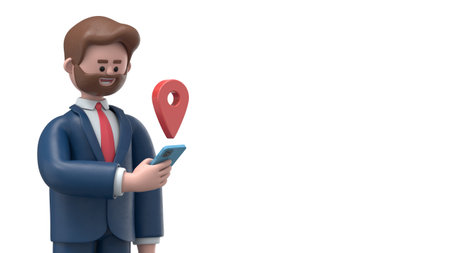 3D illustration of smiling businessman Bob using smartphone with red map pointer over white background with copy space. 3D rendering on white background.の写真素材