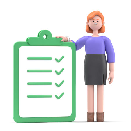 3D illustration of smiling businesswoman Ellen with tasks on paper sheets, planning schedule to finish task on time. Deadline, assignments scheduling, work process organization concept. 3D rendering on white background.の写真素材