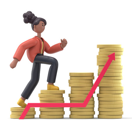 3D illustration of smiling african american woman Coco in suit start walking up on gold coin stack. Investment and economic growth concept. 3D rendering on white background.の写真素材