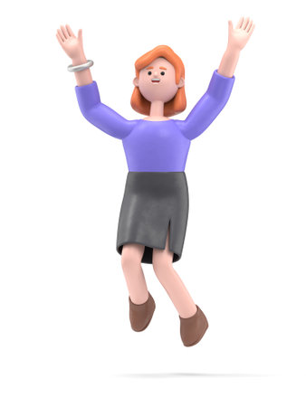 3D illustration of smiling businesswoman Ellen jumping celebrating success. Cartoon winning businessman with his hands in the air,3D rendering on white background.の写真素材