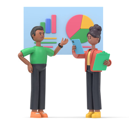 3D illustration of cartoon characters pointing finger at charts, diagrams, infographics and graph...