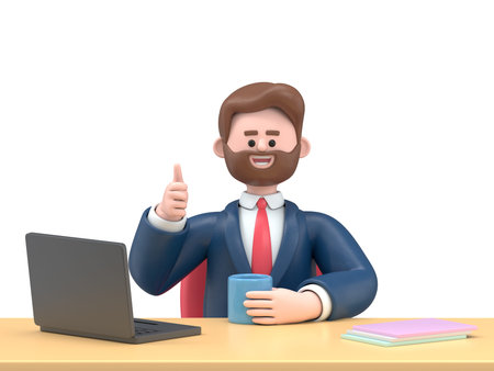3D illustration of smiling businessman Bob - happy, energetic woman working on computer in...