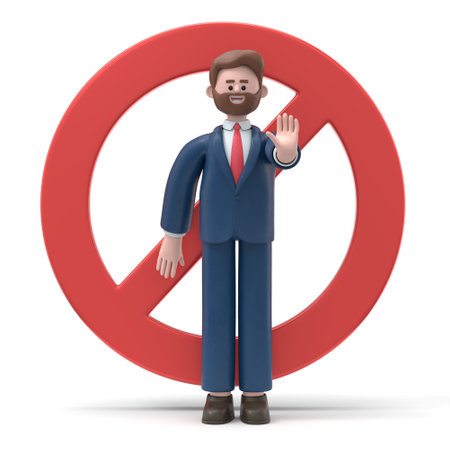3D Illustration of smiling businessman Bob standing with outstretched hand showing stop sign, preventing you. 3D rendering on white background.の写真素材