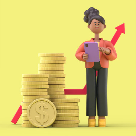 3D illustration of smiling african american woman Coco holding tablet and standing next to a huge stack of gold coins and rising arrow chart. Cartoon businessman, successful investor. Financial consulting, savings concept.の写真素材