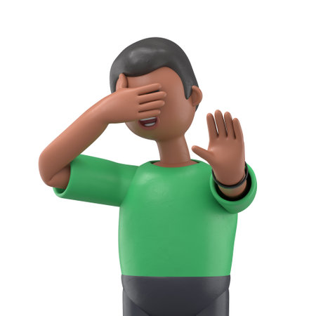 3D illustration of smiling african american man David is expressing refusal, says STOP with the gesture, expresses protest and disagreement. Body language and nonverbal communication. 3D rendering on white background.の写真素材