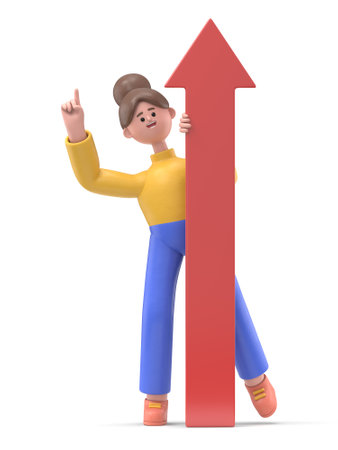 3D illustration of smiling woman Angela holding arrow going up, growth, success and achievement concept.business man push hand up and upward arrow ,success business concept.の写真素材