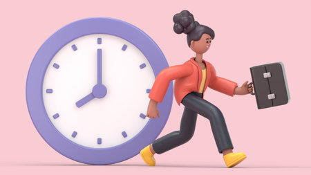 3D illustration of smiling african american woman Coco employee running in panic. Office worker hurry up with job, do not have time to meet deadline.の写真素材