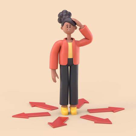 3D illustration of smiling african american woman Coco standing at crossroads arrows. standing...