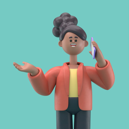 3D illustration of smiling african american woman Coco talking phone, calling by telephone. Communication and conversation with smartphone concept. 3D rendering on green background.の写真素材
