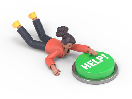 3D illustration of smiling african american woman Coco crawling to the help button. 3D rendering on...