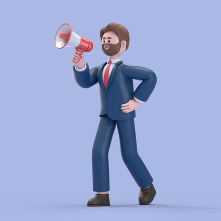 3D illustration of smiling bearded american businessman Bob doing announcement with loudspeaker. 3D rendering on blue background.の写真素材