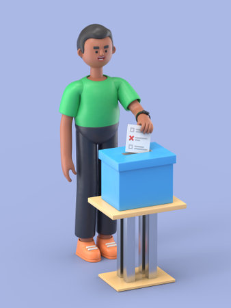 3D illustration of handsome afro man David putting his ballot paper in a ballot box. 3D rendering on blue background.の写真素材