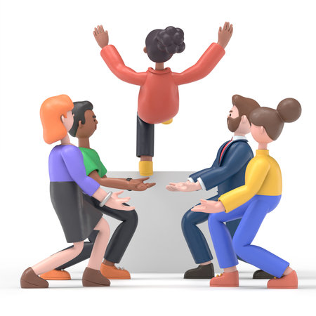 3D illustration of cartoon characters work team helping a coworker. 3D rendering on white...