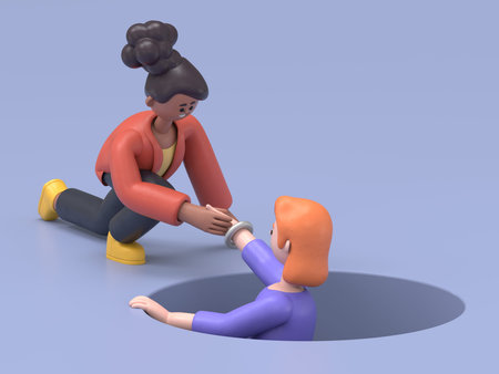 3D illustration of cartoon characters.Helping hand.3D rendering on white background.の写真素材