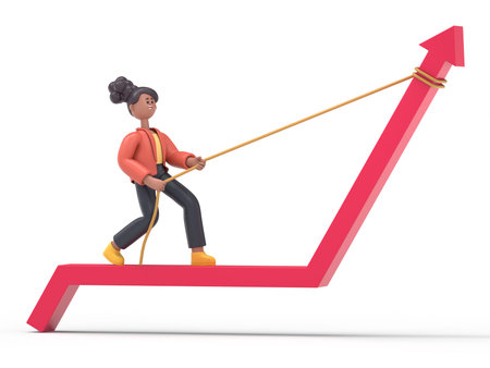 3D illustration of smiling african american woman Coco pulling arrow graph chart up with a rope....