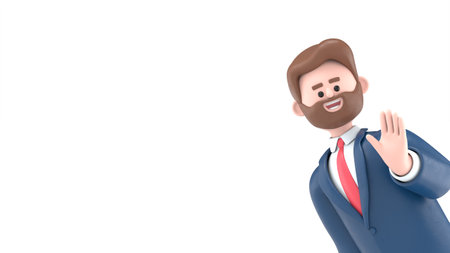 3D illustration of smiling bearded american businessman Bob saying hello. 3D rendering on white background.の写真素材