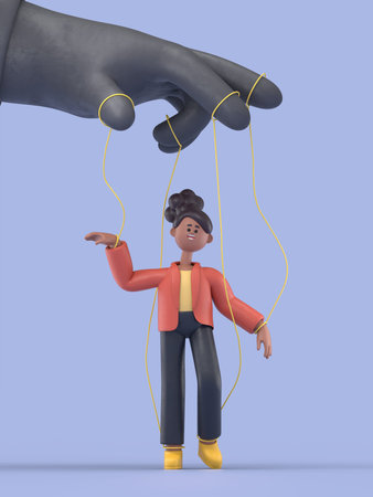 3D illustration of smiling african american woman Coco puppet concept.3D rendering on blue...