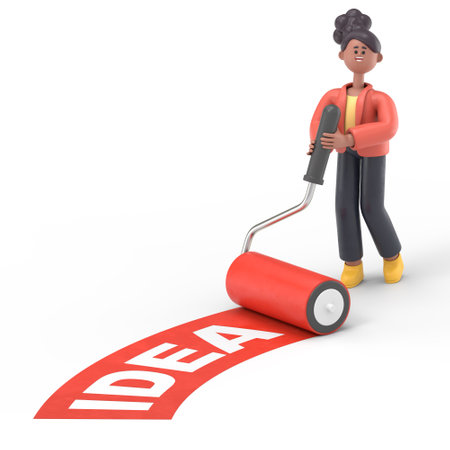 3D illustration of smiling african american woman Coco with roller brush and word "idea". 3D rendering on white background.の写真素材