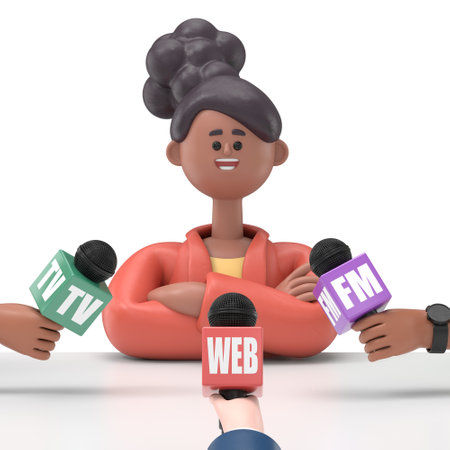 3D illustration of smiling african american woman Coco being interviewed media. 3D rendering on white background.の写真素材
