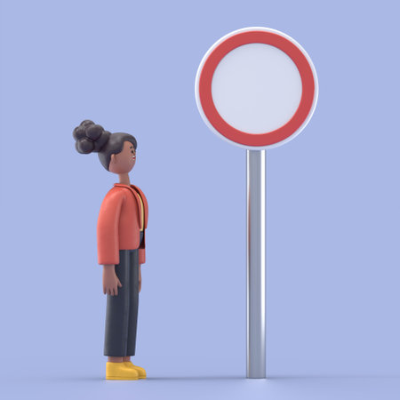 3D illustration of smiling african american woman Coco standing at a crossroad and looking directional sign arrows. 3D rendering on blue background.の写真素材